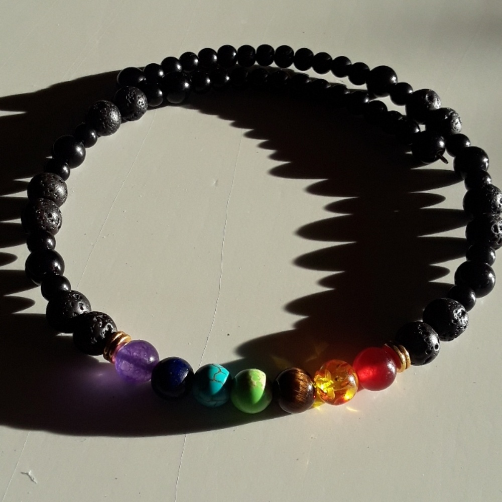 OOAK Lava Bead Chakra Choker Memory Wire Necklace